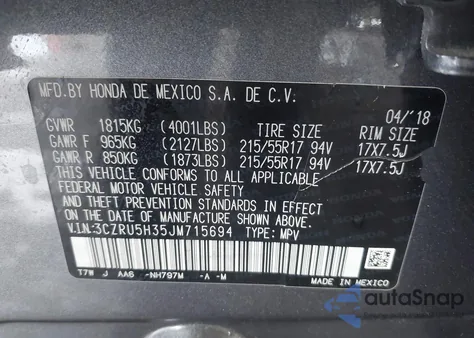2018 Honda Hr-V Lx from USA, damaged, VIN 3CZRU5H35JM715694